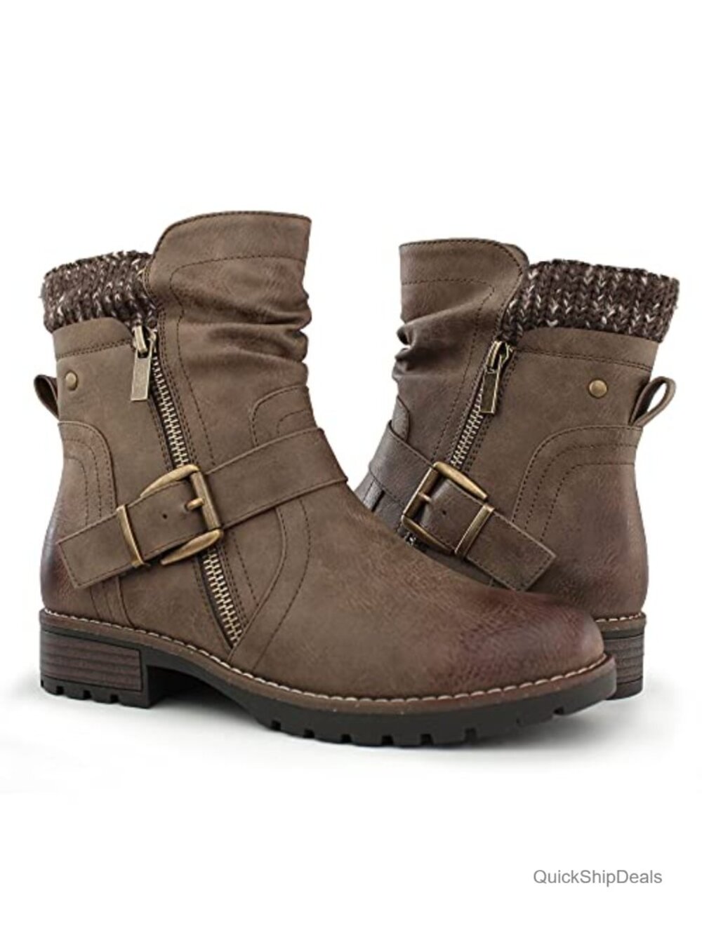 Women's Combat Boots Ankle Booties with Side Zipper and Buckle, Faux Leather